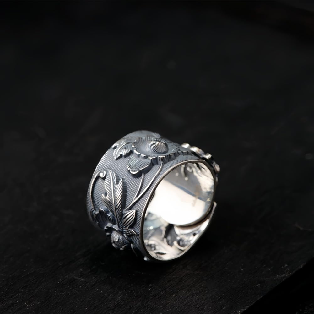 Vintage Wide 999 Sterling Silver Peony Flower Ring for Women 15mm Open Adjustable