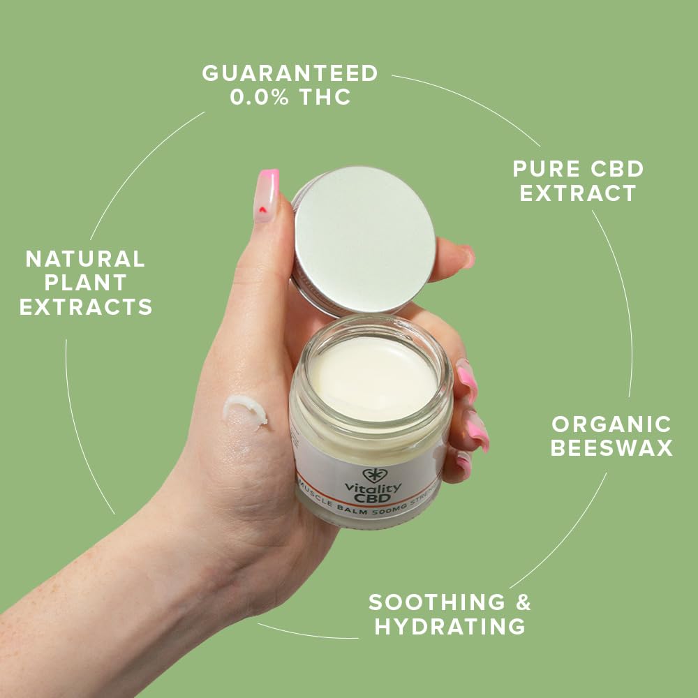 Vitality CBD Muscle Balm, High Strength 500mg of CBD, Natural, 100 ml - Improved Formula, NO THC