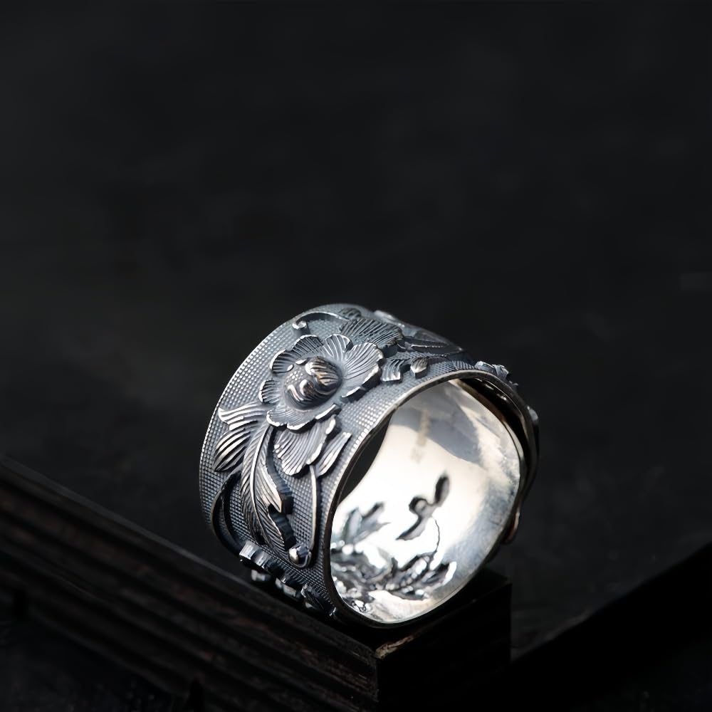 Vintage Wide 999 Sterling Silver Peony Flower Ring for Women 15mm Open Adjustable
