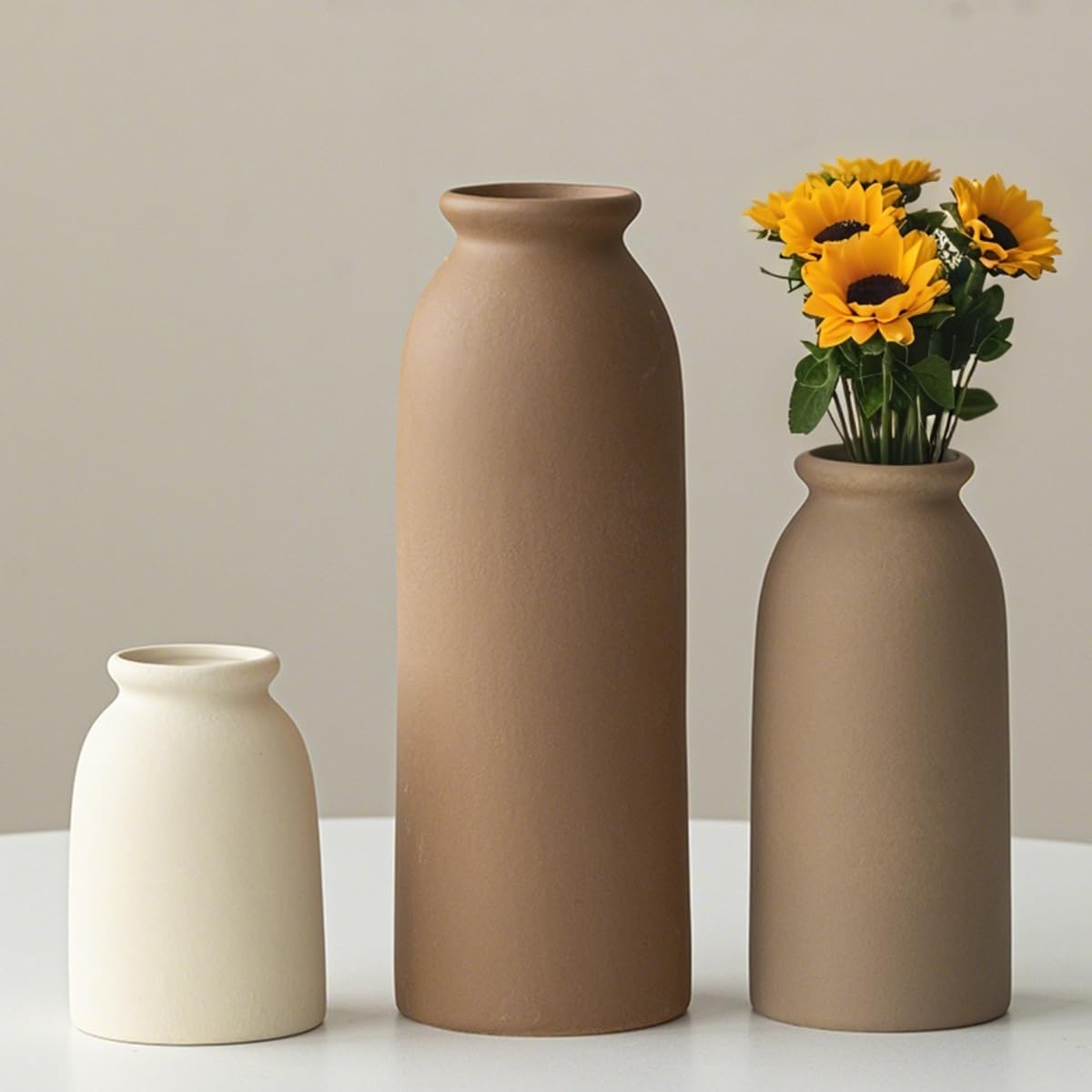 Set of 3 Small Ceramic Vases for Home Decor & Table Centrepieces, Rustic Farmhouse Style, Mini Decorative Flower Vases (Earth Tone M)