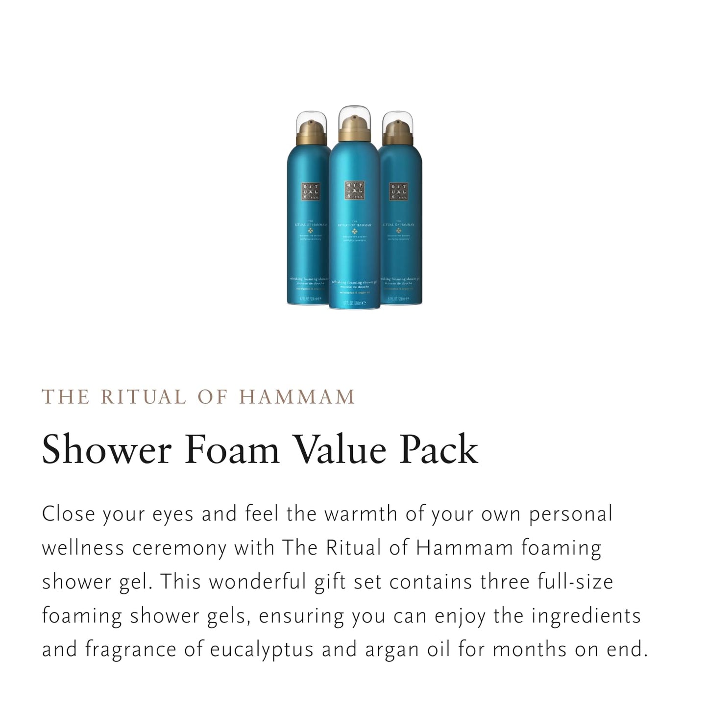 RITUALS Shower Foam The Ritual of Hammam - Value Pack - Shower Gel with Eucalyptus and Argan Oil - Refreshing Foaming Shower Gel - Economy Pack, 3 x 200ml