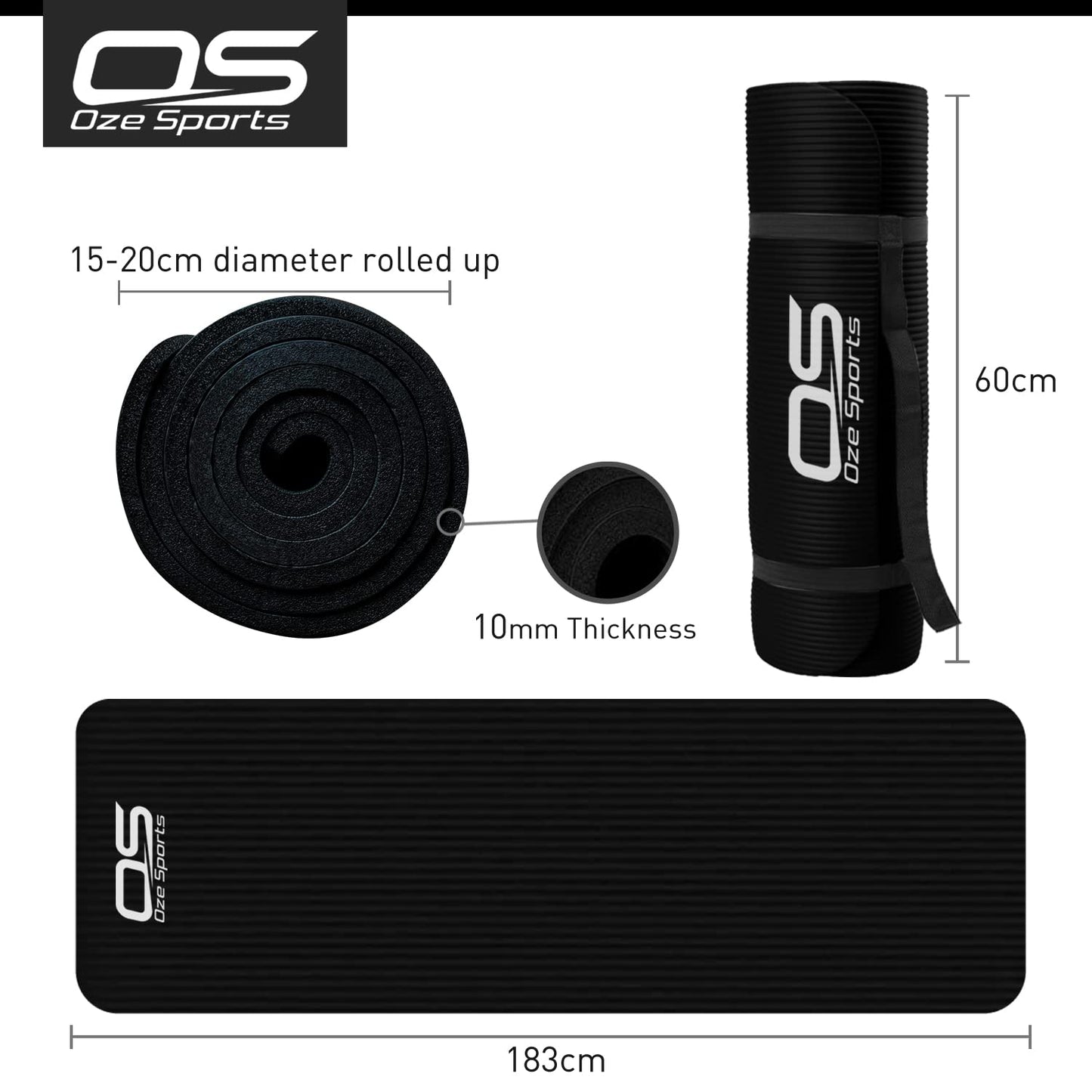 Yoga Mat Exercise NBR Fitness foam mat Extra Thick Non-Slip Large Padded High Density ideal for HiiT Pilates gymnastics mats Fitness & Workout with Free Carry Strap (Black)