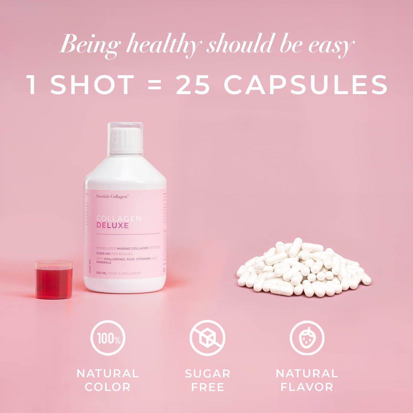 Swedish Collagen Deluxe | 12,500 mg Hydrolysed Marine Collagen Liquid Supplement - 500 ml, 20 Day Supply | Hyaluronic Acid, Biotin and Vitamin C for Healthy Hair, Skin, Nails and Joints | Sugar-Free