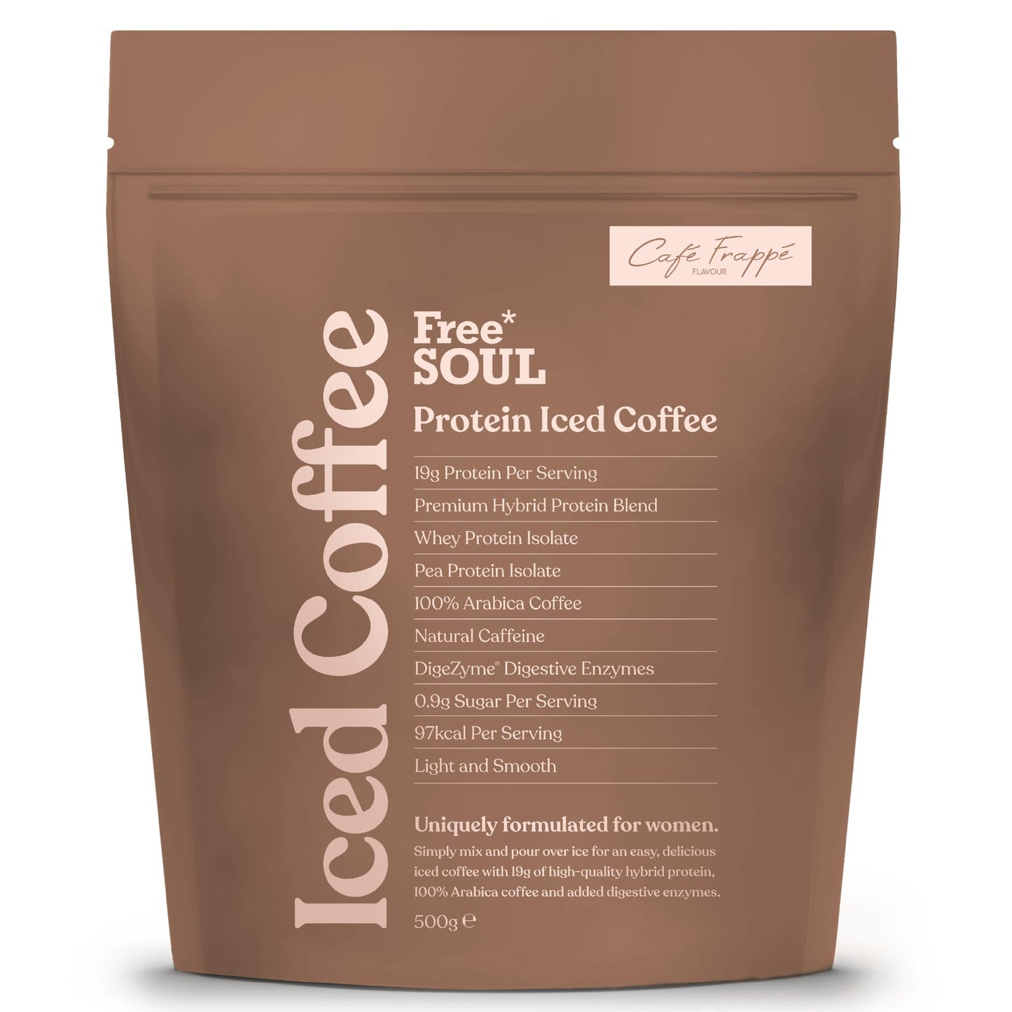 Protein Iced Coffee | 19g Protein & 80mg Caffeine per Serving | Only 97Kcal | Low Calorie + High Protein | Whey Protein & Pea Protein Isolate Blend + Digestive Enzymes | Cafรฉ Frappรฉ | Free Soul
