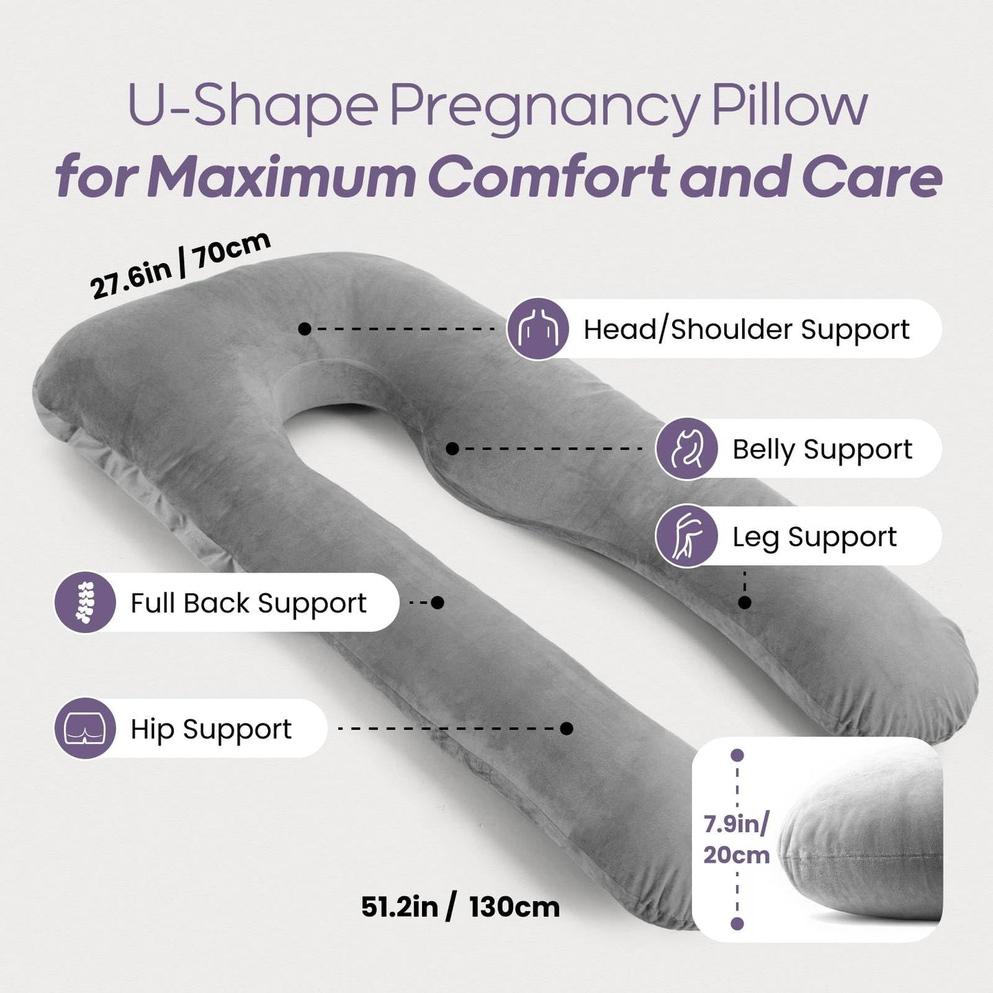 Nuliie Pregnancy Pillow for Sleeping, U Shaped Full Body Pillow Pregnancy Pillows, Maternity Pillow Support for Back, Hips, Legs for Pregnant Women, With Washable Velvet Cover (Grey)