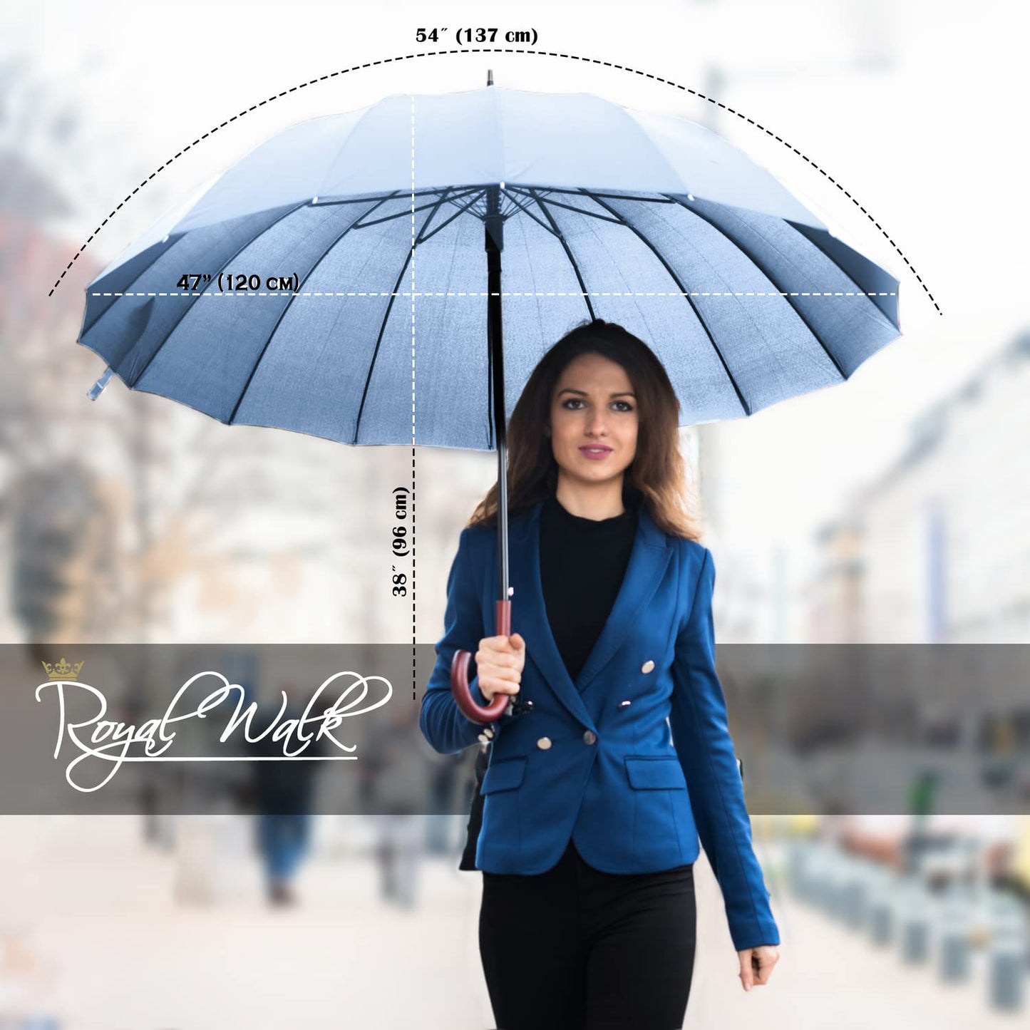 Royal Walk Windproof Umbrella Black Large 54 Inch Automatic Open for 2 Persons Stormproof for Men Women Classic Wooden Handle Lightweight Waterproof Durable Strong 16 Ribs Travel Golf 120cm Slate Blue