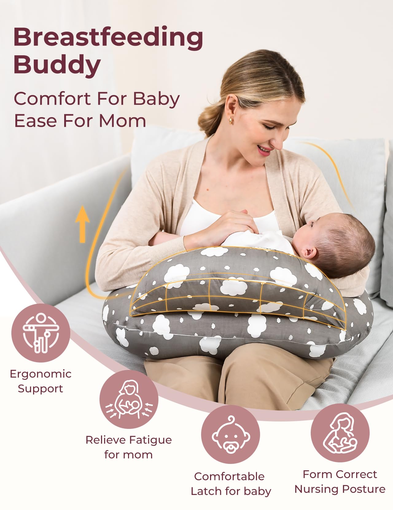 momcozy Nursing Pillow With Breastfeeding - Ergonomic Support & Original Security Fence to Baby' Safety - Making Breastfeeding Easy and Comfort for Mom & Baby - Removable Cotton Cover, Gray
