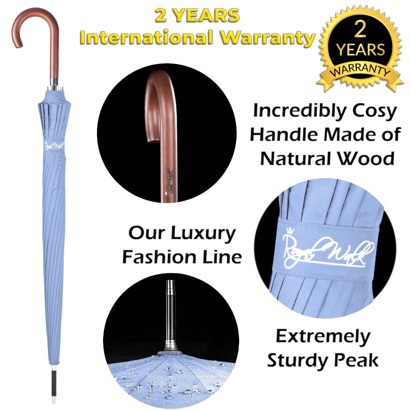 Royal Walk Windproof Umbrella Black Large 54 Inch Automatic Open for 2 Persons Stormproof for Men Women Classic Wooden Handle Lightweight Waterproof Durable Strong 16 Ribs Travel Golf 120cm Slate Blue