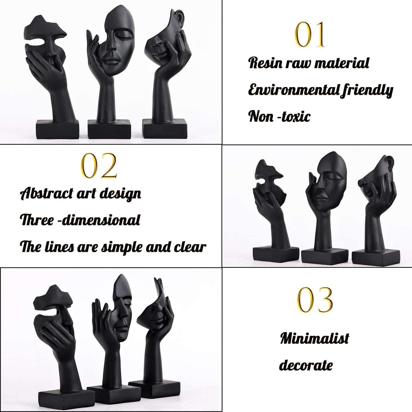 oliruim Black Home Decoration Accent Art Woman Face Statue Collectible Statue for Modern Home Living Room Bookshelf Black Desk Decor 3 Piece Set