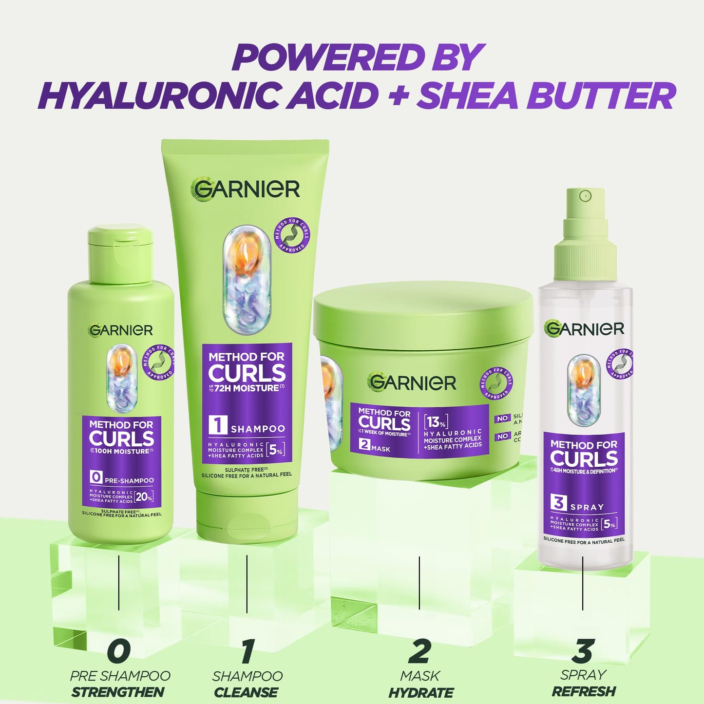 Garnier Method For Curls Moisture Shampoo, up to 7 days of moisture & curl definition. Designed, tested & approved on all curl types, including type 4 curls & coils. Silicone free, Vegan Formula,150ml