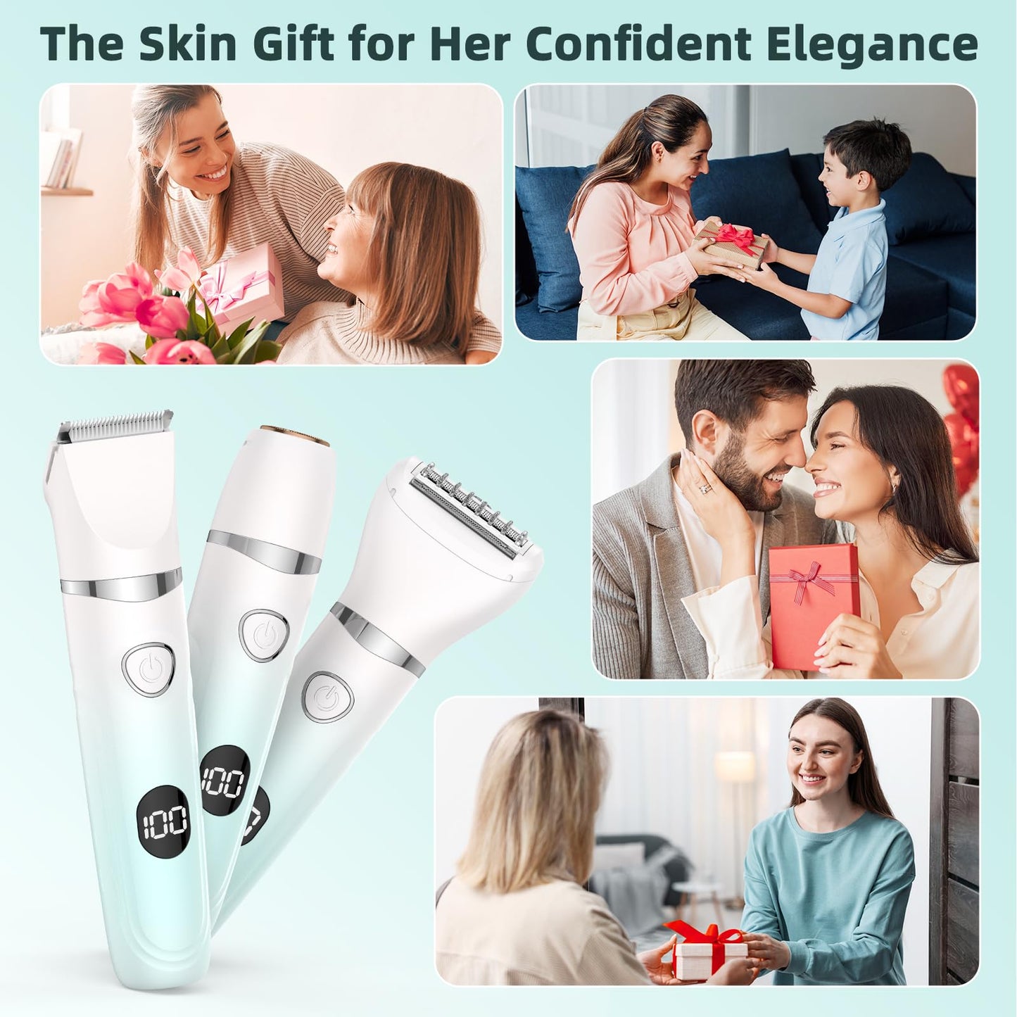 Lady Shaver for Women,3-in-1 Wet & Dry Use Bikini Trimmer for Women,Electric Painless Razor for Legs,Body,Private Area,Sensitive Skin (White)