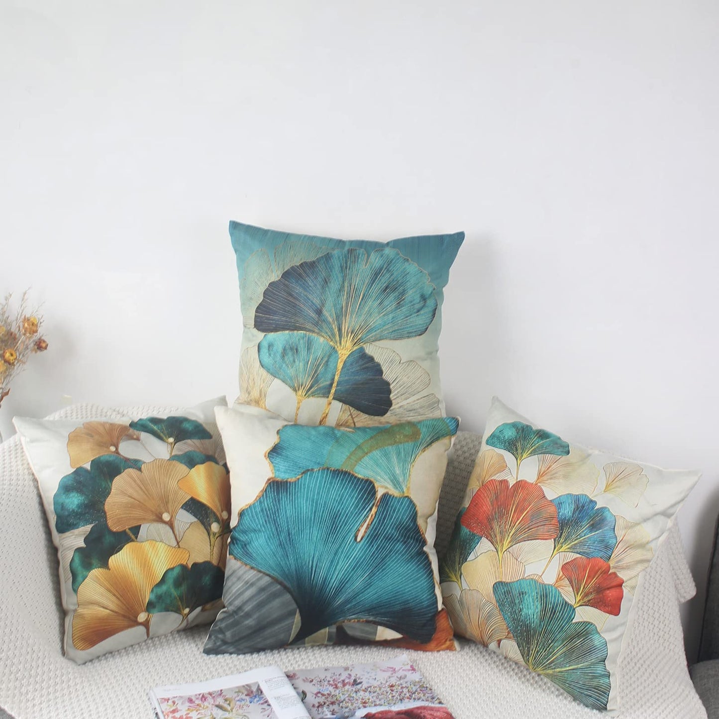 Sweetwill Set of 4 Decorative Cushion Covers 45 x 45 Linen Jungle Throw Pillow Cases Gold Teal Farmhouse Natural Cushion Covers 18x18 Sofa Cushions Modern Living Room Outdoor Garden