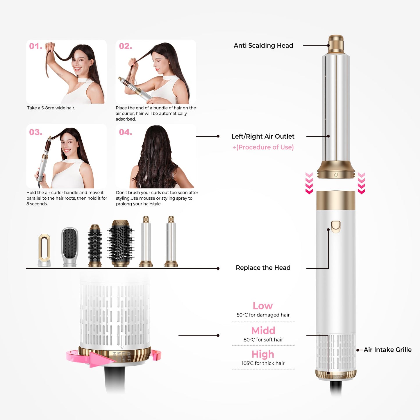 Airbrush 6 in 1 Hair Styler Mogawave Magic Styler Airstyler Hair Dryer Brush Magic Styler 1000W Blow Dryer Brush Set with Air Curler, Straighten, Volumise, Smooth, Air Stylers for Women