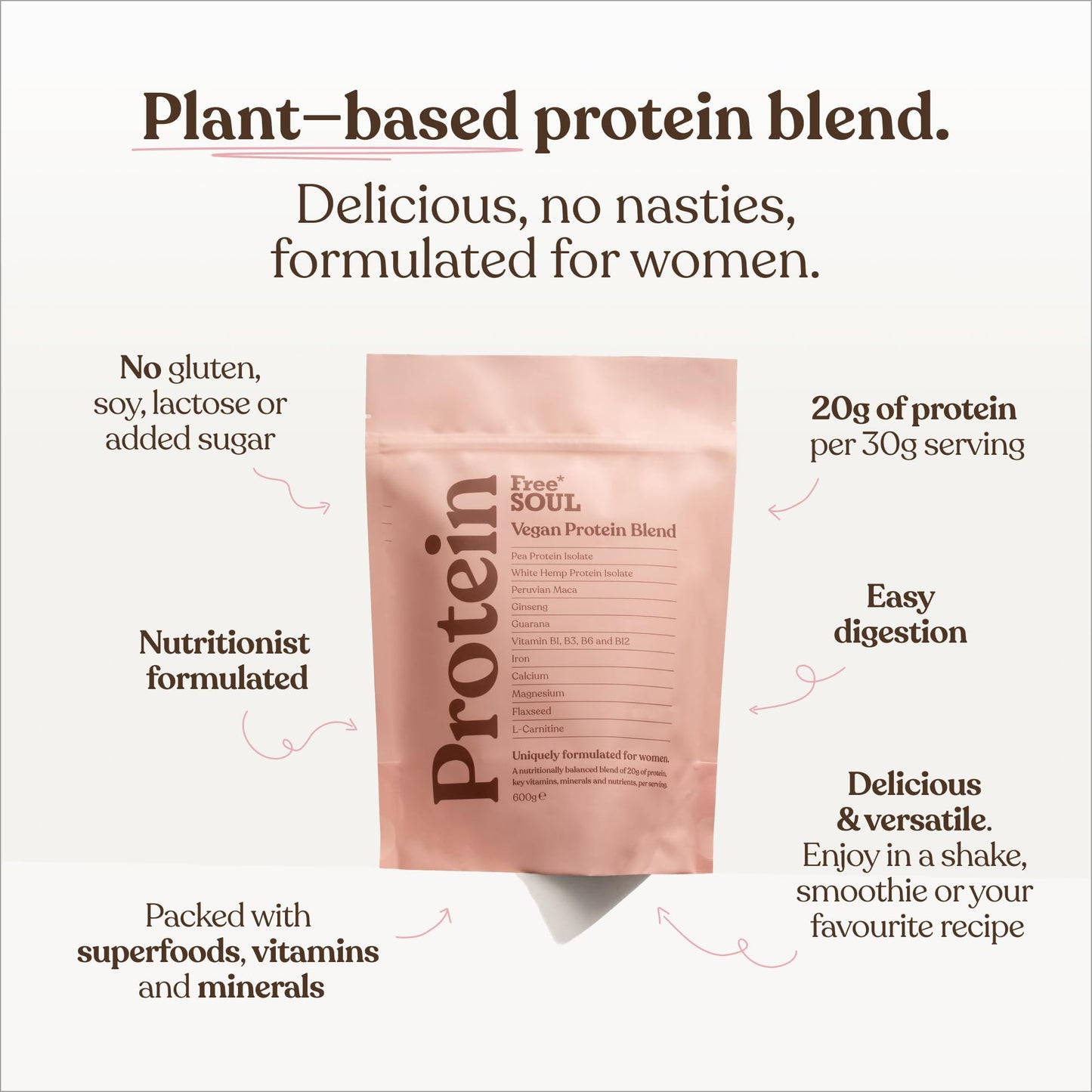 Free Soul Vegan Protein Powder | Formulated for Women | 600g | 20g Protein with Added Nutrients | Gluten & Soy Free Plant-Based Nutrition Shake | Pea & Hemp Isolate Protein | Vanilla Flavour