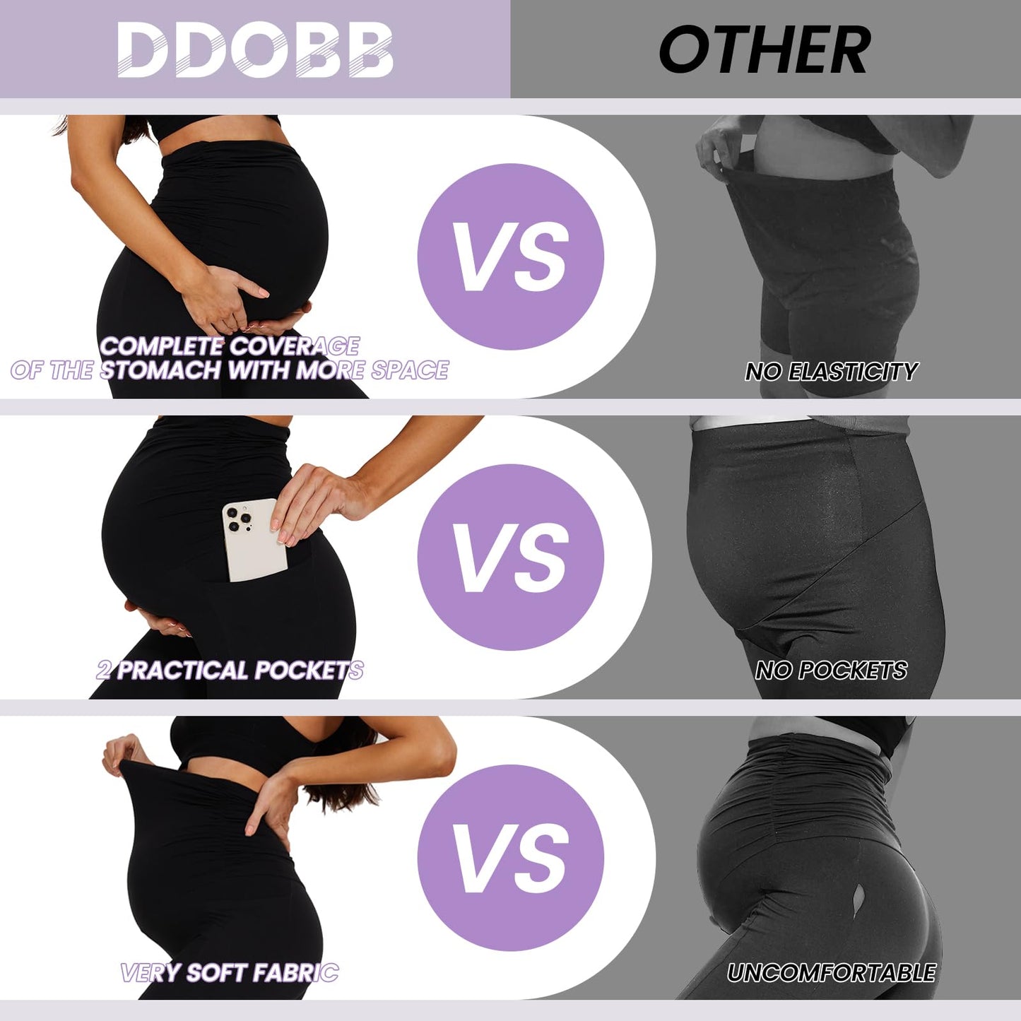 DDOBB 2 Pack Maternity Leggings Over Bump with Pockets High Waist Black Soft Belly Support Stretchy Pregnancy Pants Yoga Workout Pajama Trousers