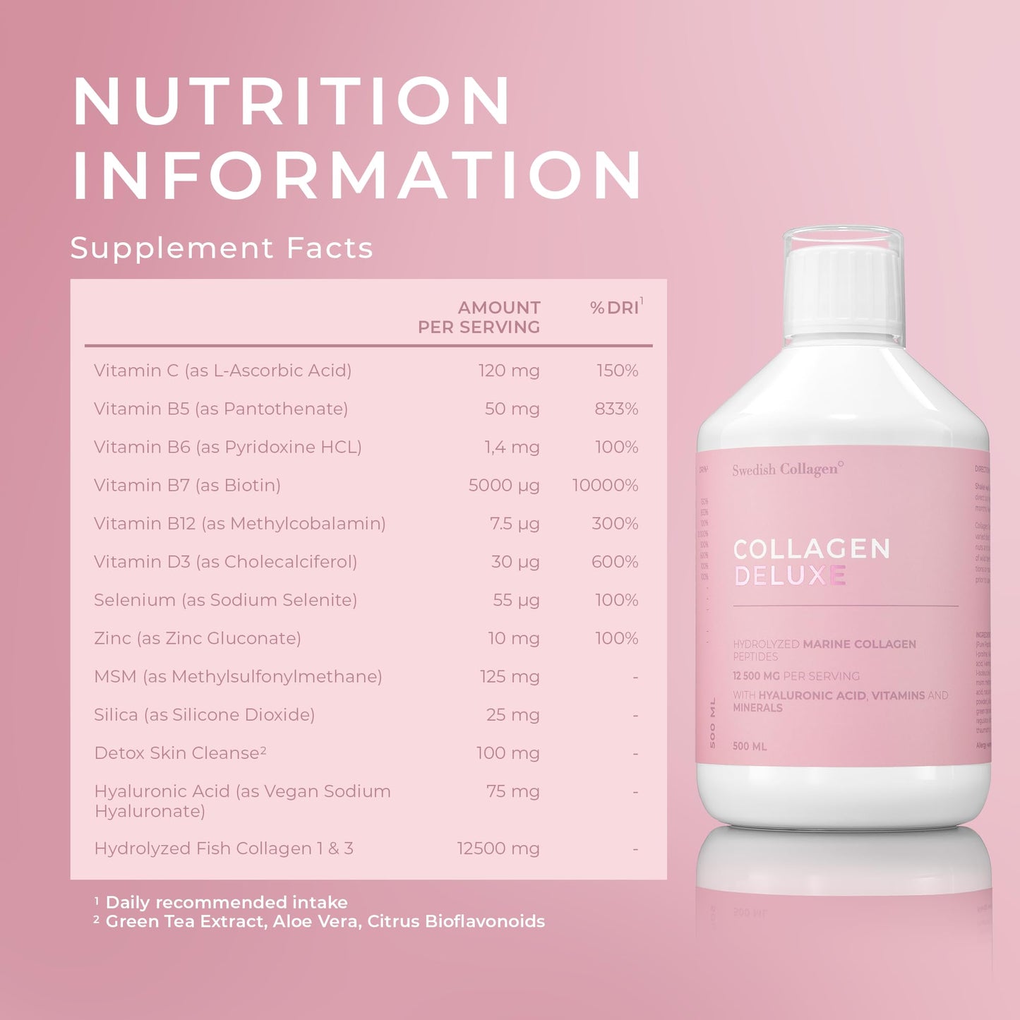 Swedish Collagen Deluxe | 12,500 mg Hydrolysed Marine Collagen Liquid Supplement - 500 ml, 20 Day Supply | Hyaluronic Acid, Biotin and Vitamin C for Healthy Hair, Skin, Nails and Joints | Sugar-Free