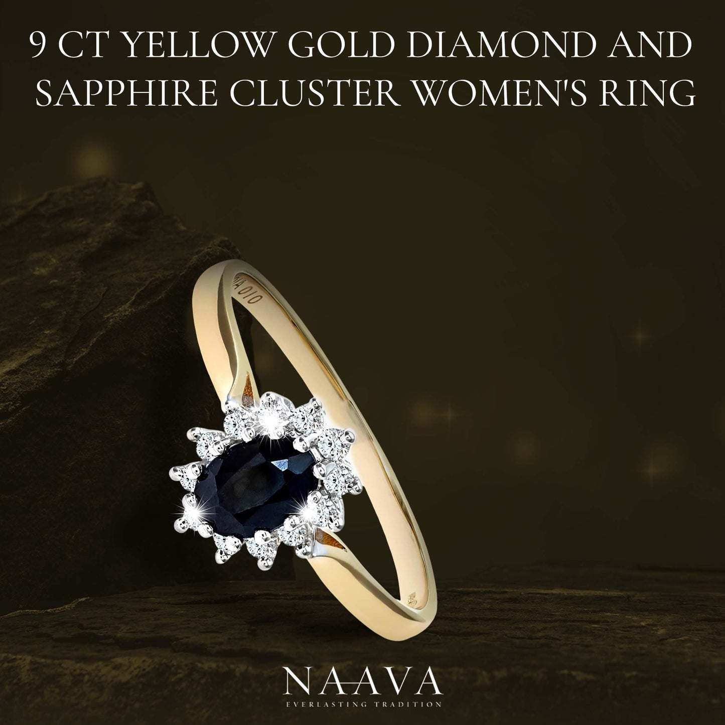 Naava 9 ct Yellow Gold Diamond and Sapphire Cluster Women's Ring ,K