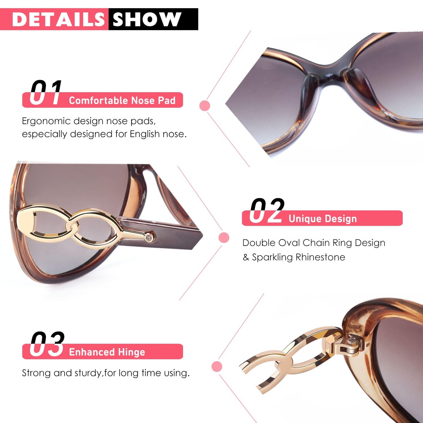 CGID Sunglasses Womens Ladies Polarised Retro Designer Sun Glasses Brown Big Frame Oversized Shades UV Protection Goggles Rhinestones Brown Gradient Lens