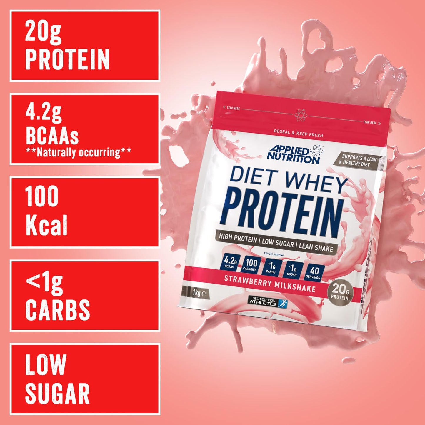Applied Nutrition Diet Whey - High Protein Powder Supplement, Low Carb & Sugar, for Weight Management with CLA, L Carnitine, Green Tea (1kg - 40 Servings) (Strawberry Milkshake)