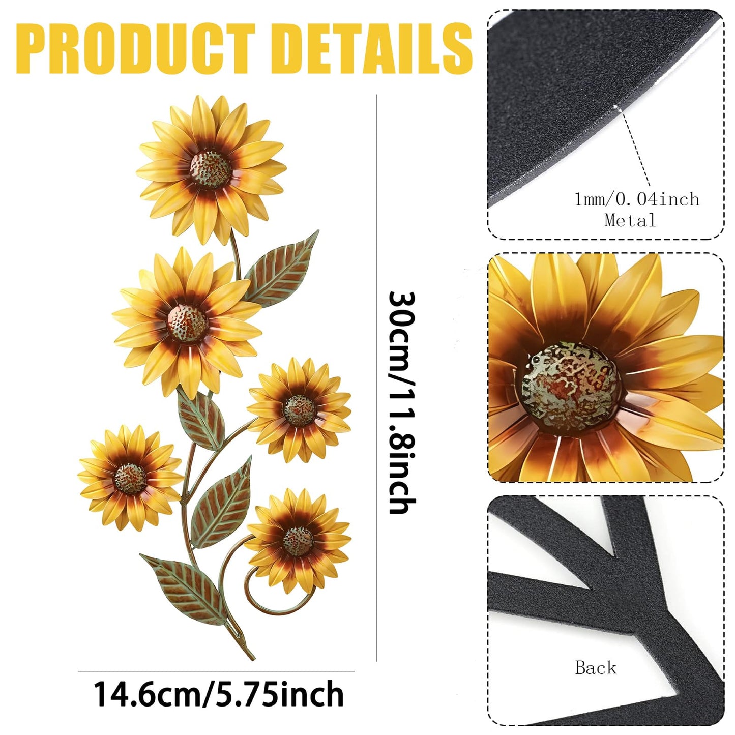 Plipdhy Metal Sunflower Wall Decorations,Garden Wall Art Outdoor Indoors,Metal Flowers Wall Hanging Ornament for Porch,Patio,Kitchen,Living Room,Farmhouse,Balcony