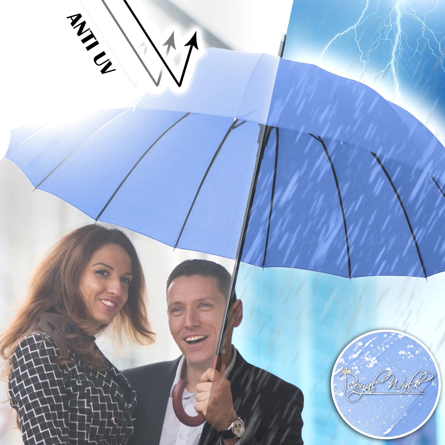 Royal Walk Windproof Umbrella Black Large 54 Inch Automatic Open for 2 Persons Stormproof for Men Women Classic Wooden Handle Lightweight Waterproof Durable Strong 16 Ribs Travel Golf 120cm Slate Blue