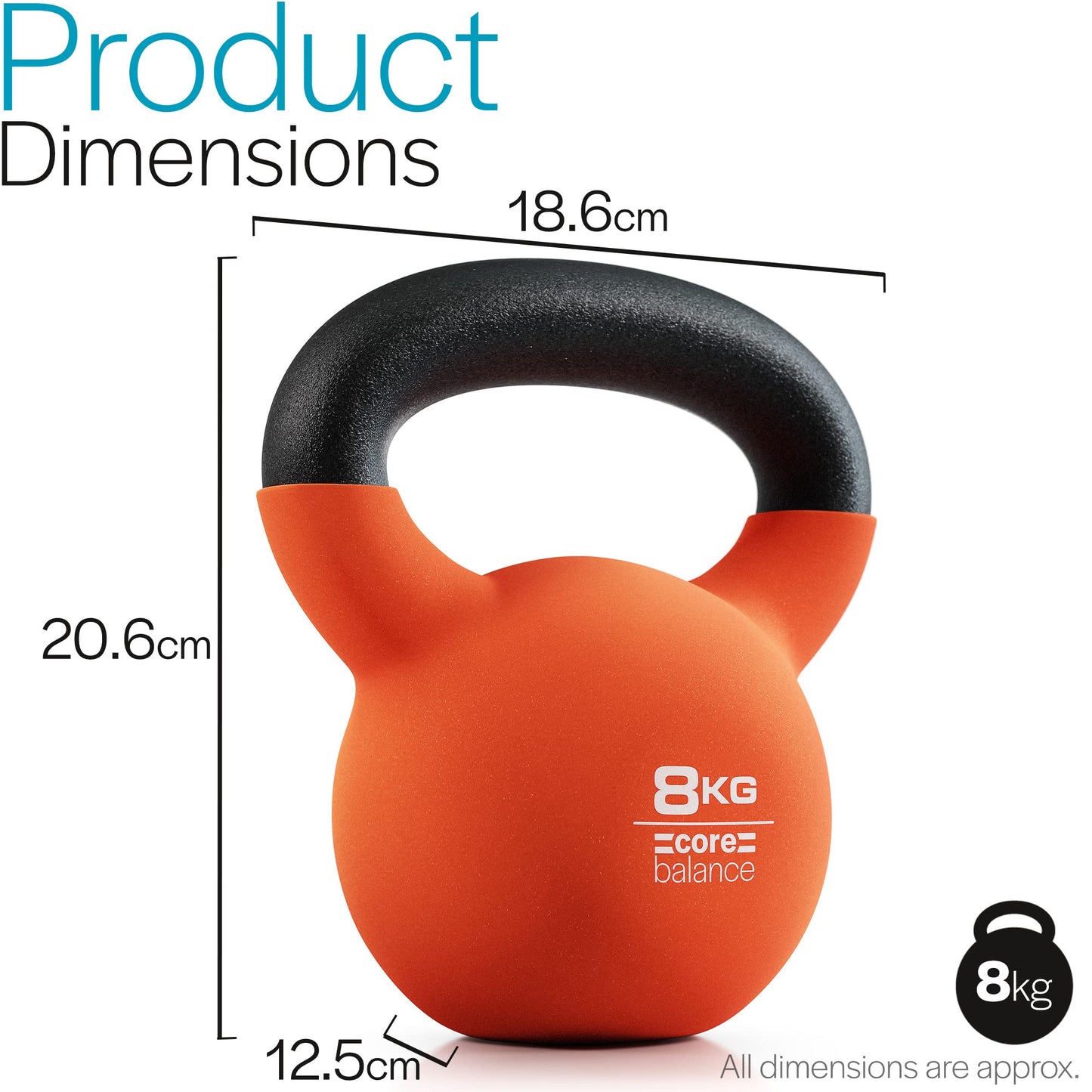 Core Balance 8kg Kettlebell Weight Cast Iron Neoprene Coated Heavy Duty Strength Training (Orange)