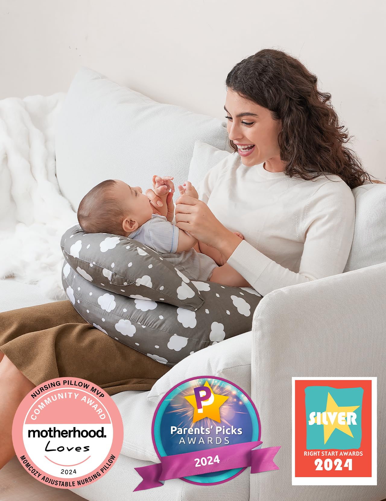 momcozy Nursing Pillow With Breastfeeding - Ergonomic Support & Original Security Fence to Baby' Safety - Making Breastfeeding Easy and Comfort for Mom & Baby - Removable Cotton Cover, Gray