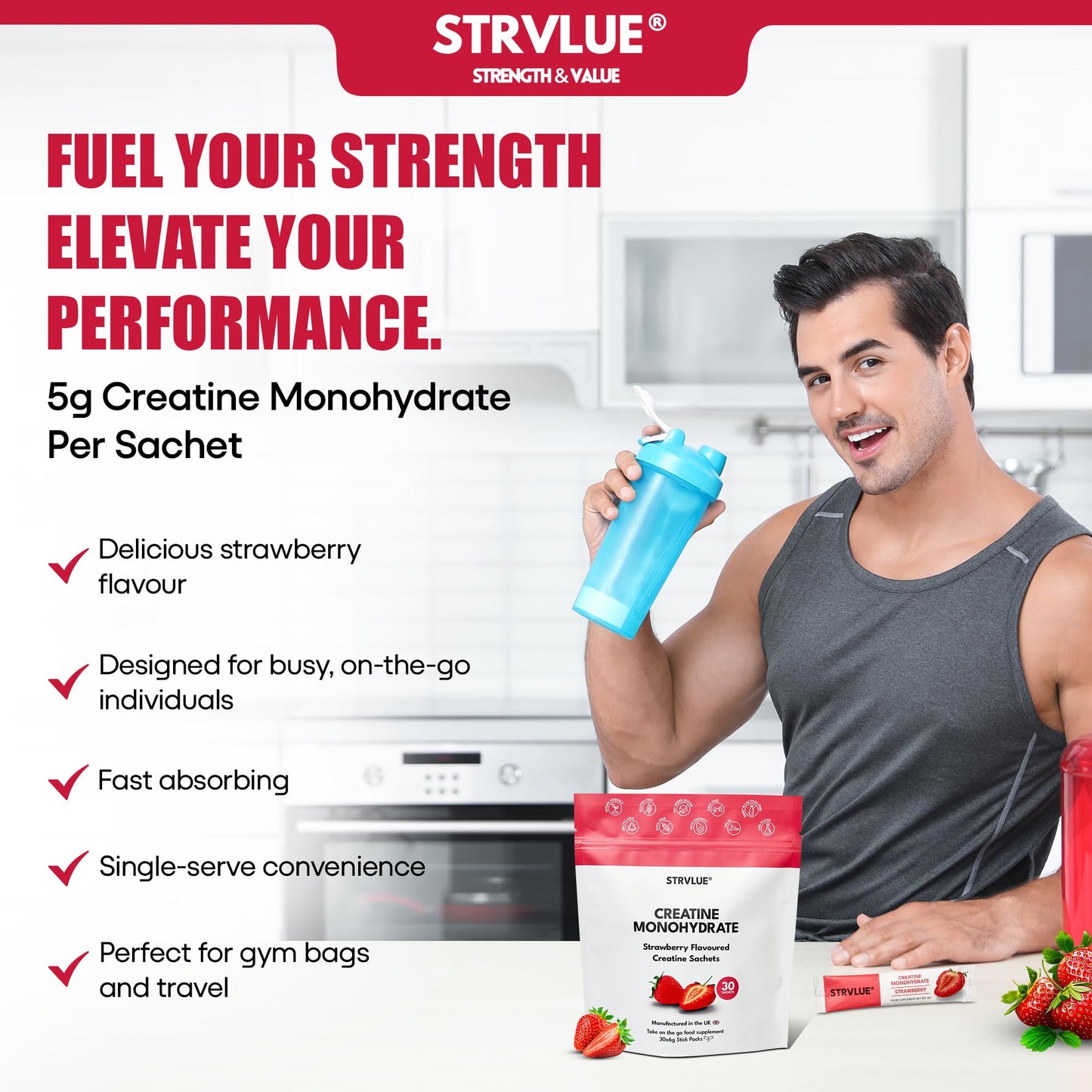 Creatine Monohydrate | Lab Tested | 30 Travel Sachets, 5g Creatine Each | Natural Strawberry Flavour | Zero Sugar | Supports Muscle Growth, Strength, Recovery, Cognition & Performance | for Men&Women