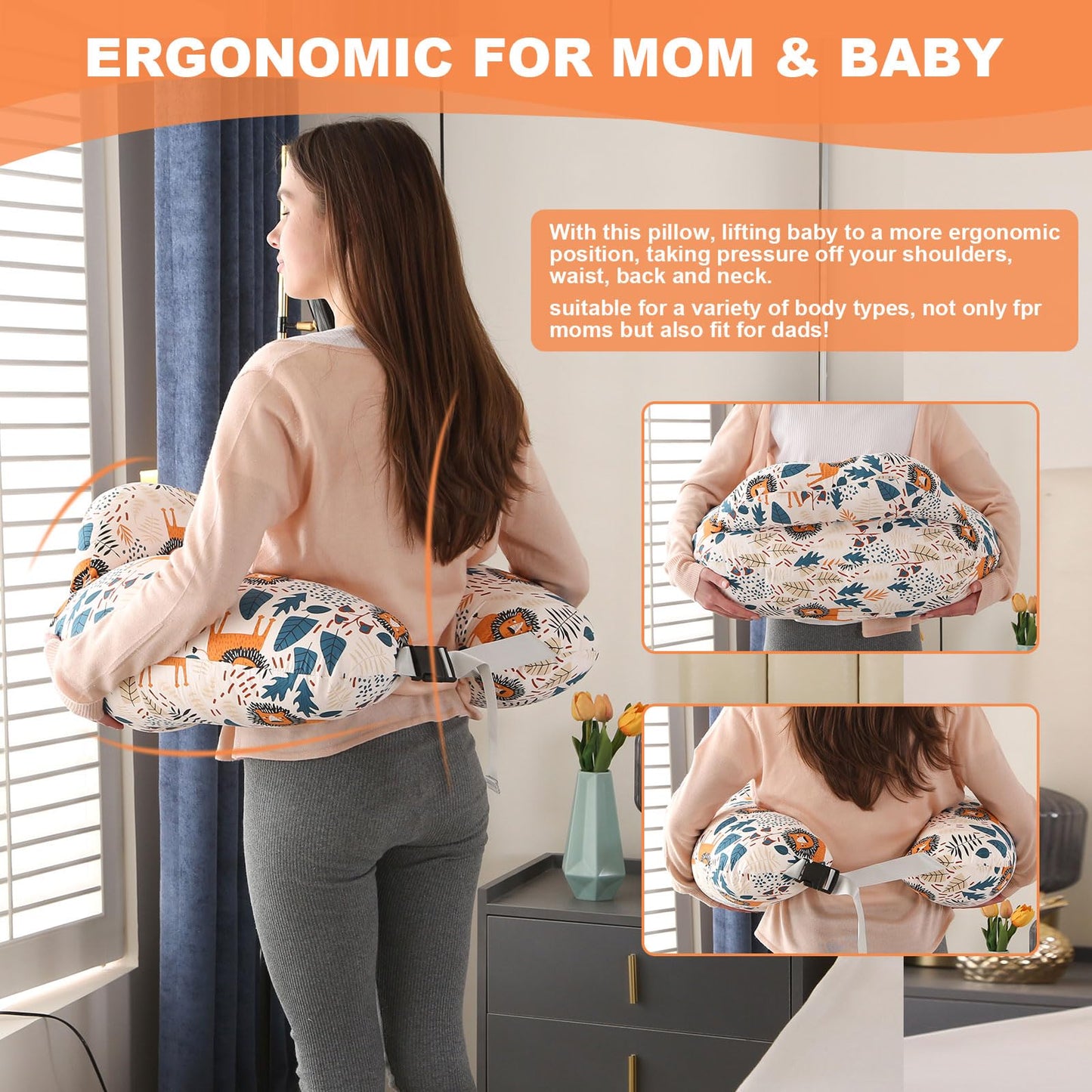 Nursing Pillow for Breastfeeding: 100% Cotton Infant Feeding Pillow Multifunctional Pregnancy Feeding Pillows for Mom Ergonomic Support U Shaped Nursing Maternity Pregnancy Gift (Cartoon Lion)