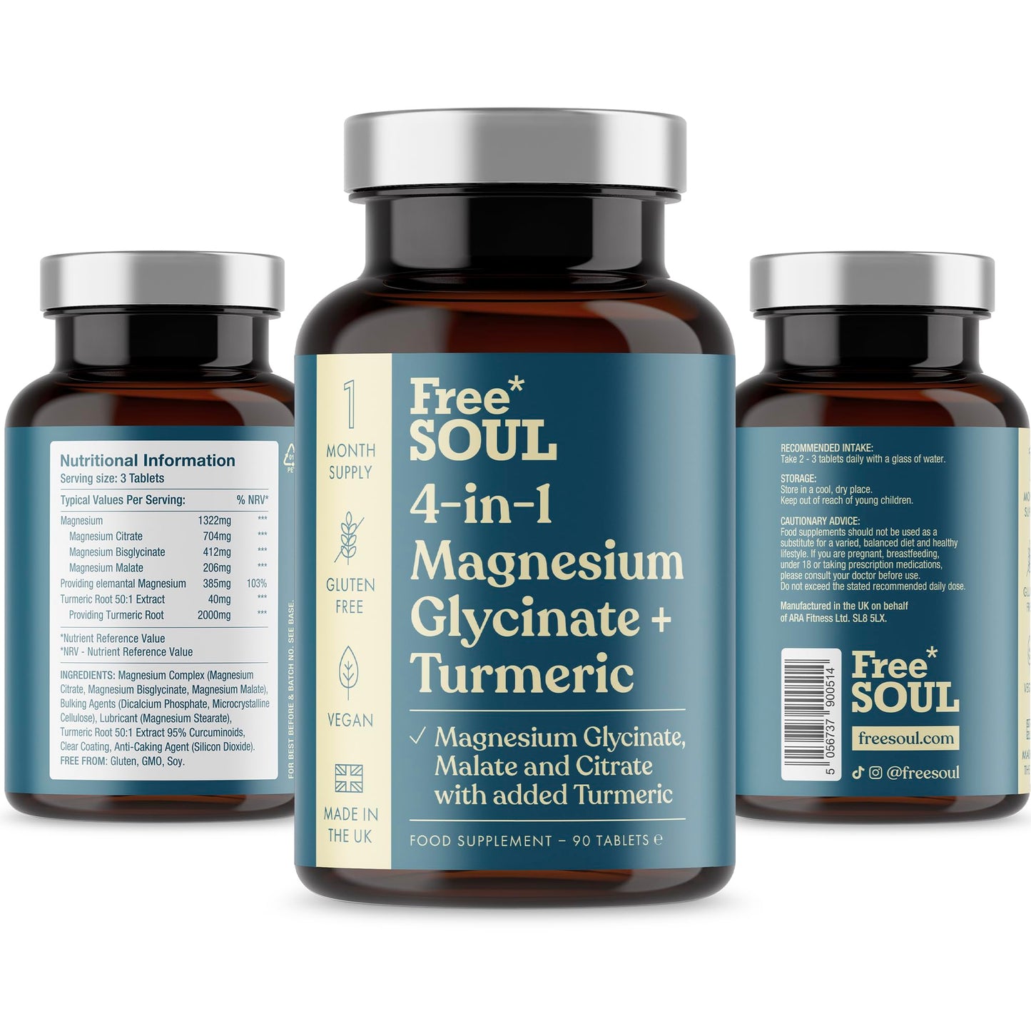 Magnesium Glycinate + Turmeric 4-in-1 Complex | Triple-Strength Magnesium Supplements with 1283mg, Bisglycinate, Citrate, Malate & 2000mg Turmeric | 90 Vegan Tablets | Gluten-Free