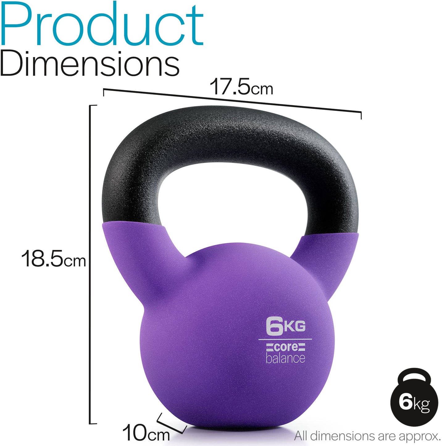 Core Balance 6kg Kettlebell Weight Cast Iron Neoprene Coated Heavy Duty Strength Training (Purple)