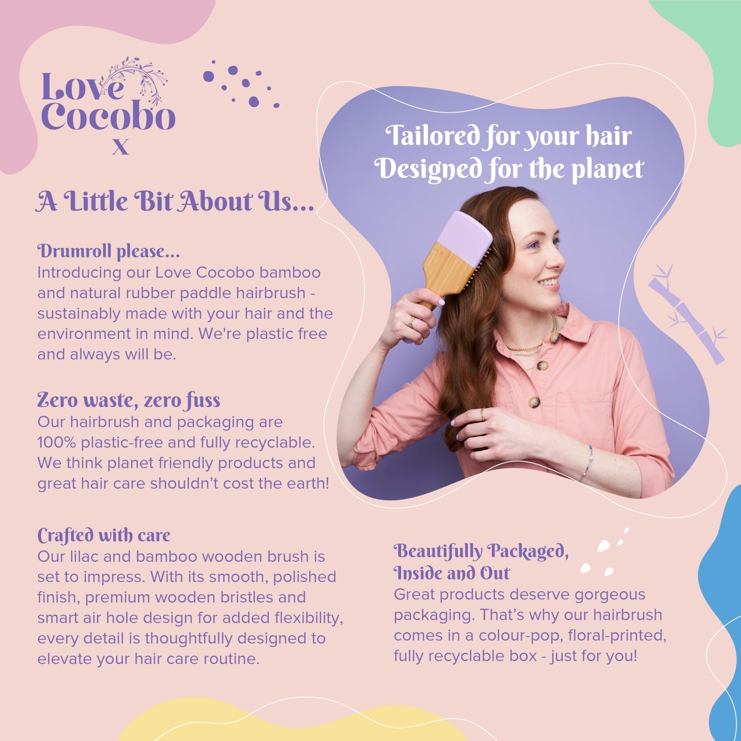 Love Cocobo | Hair Brush | PLASTIC FREE | Eco Hairbrush to Detangle Wet & Dry Long & Short Thick & Thin Hair | Curl Defining Blow Dry Paddle Brush | Bamboo Hairbrush for Wavy Curly & Straight Locks
