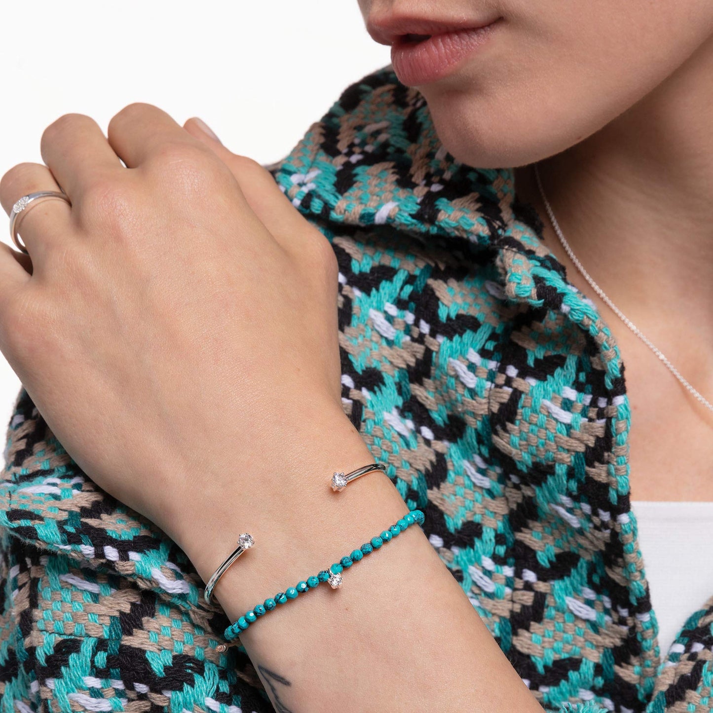 Thomas Sabo Turquoise Bead Bracelet with White Stone 925 Sterling Silver 13-20cm Length