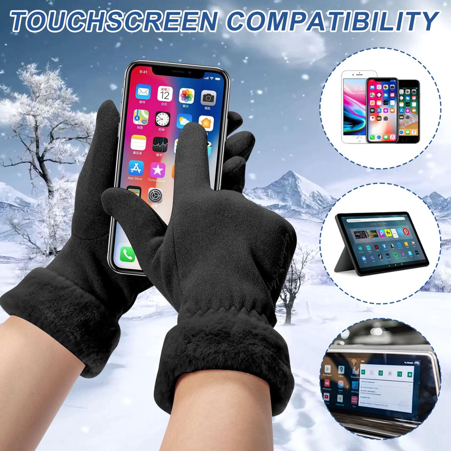 Fjquamitix Winter Thermal Gloves Womens Touch Screen Windproof Warm Gloves With Fleece Lining For Ladies Cold Weather Daily Driving Outdoor Activities Winter Gift For Women Wife Daughter (Black)