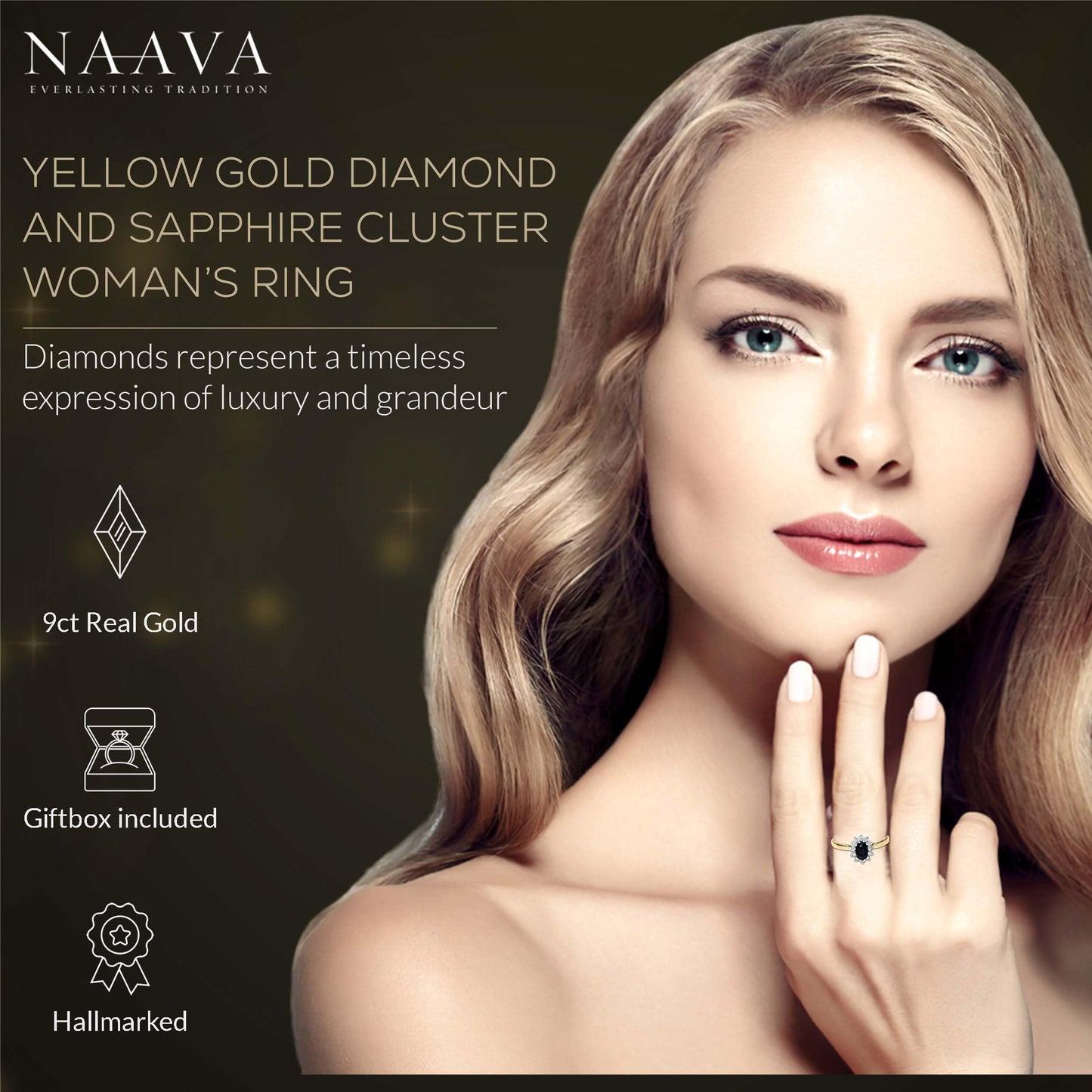 Naava 9 ct Yellow Gold Diamond and Sapphire Cluster Women's Ring ,K