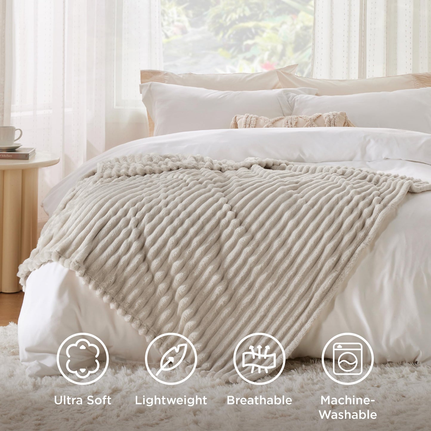 Bedsure Fleece Throw Blanket for Sofa - Fluffy Cosy Warm Blankets for Bed, Soft Cute Single Throw Gifts for Women and Girls, Beige, 130x170 cm