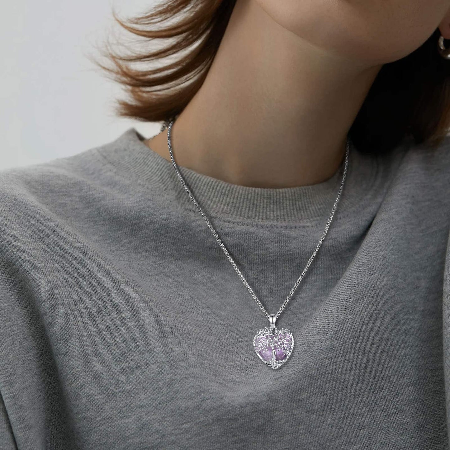 AEONSLOVE Amethyst Necklace Tree of Life Necklace for Women Ladies Girls Amethyst Healing Crystal Necklaces Heart Life Tree Pendant Healing Stones and Crystals Jewellery Gifts
