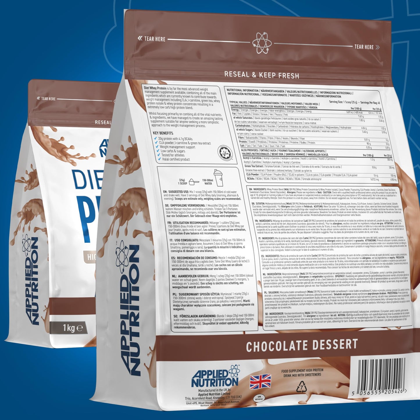 Applied Nutrition Diet Whey - High Protein Powder Supplement, Low Carb & Sugar, for Weight Management with CLA, L Carnitine, Green Tea (1kg - 40 Servings) (Chocolate Dessert)