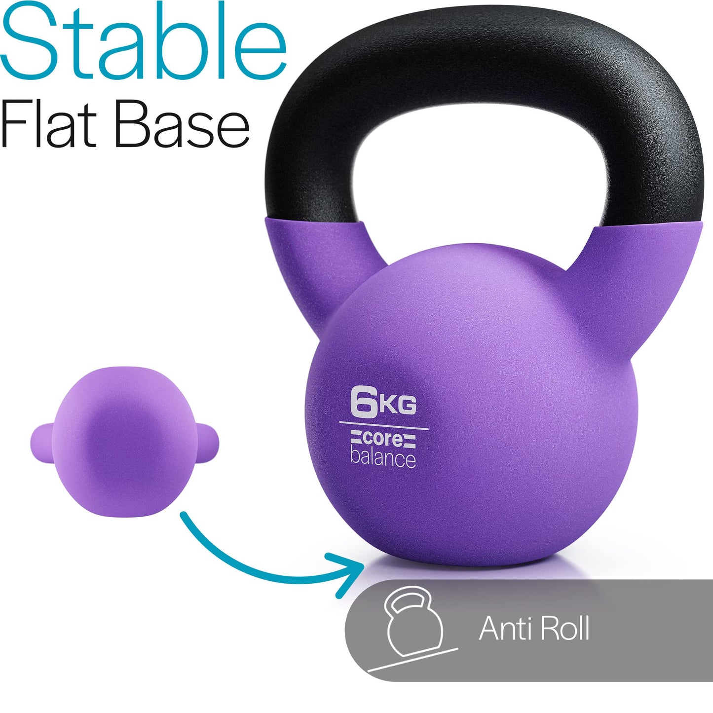 Core Balance 6kg Kettlebell Weight Cast Iron Neoprene Coated Heavy Duty Strength Training (Purple)