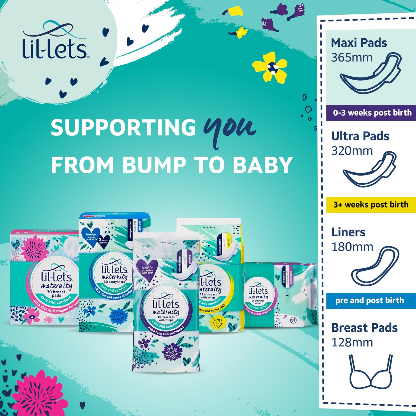 Lil-Lets Maternity Pads | 10 x Extra Long Maxi Thick Pads with Wings