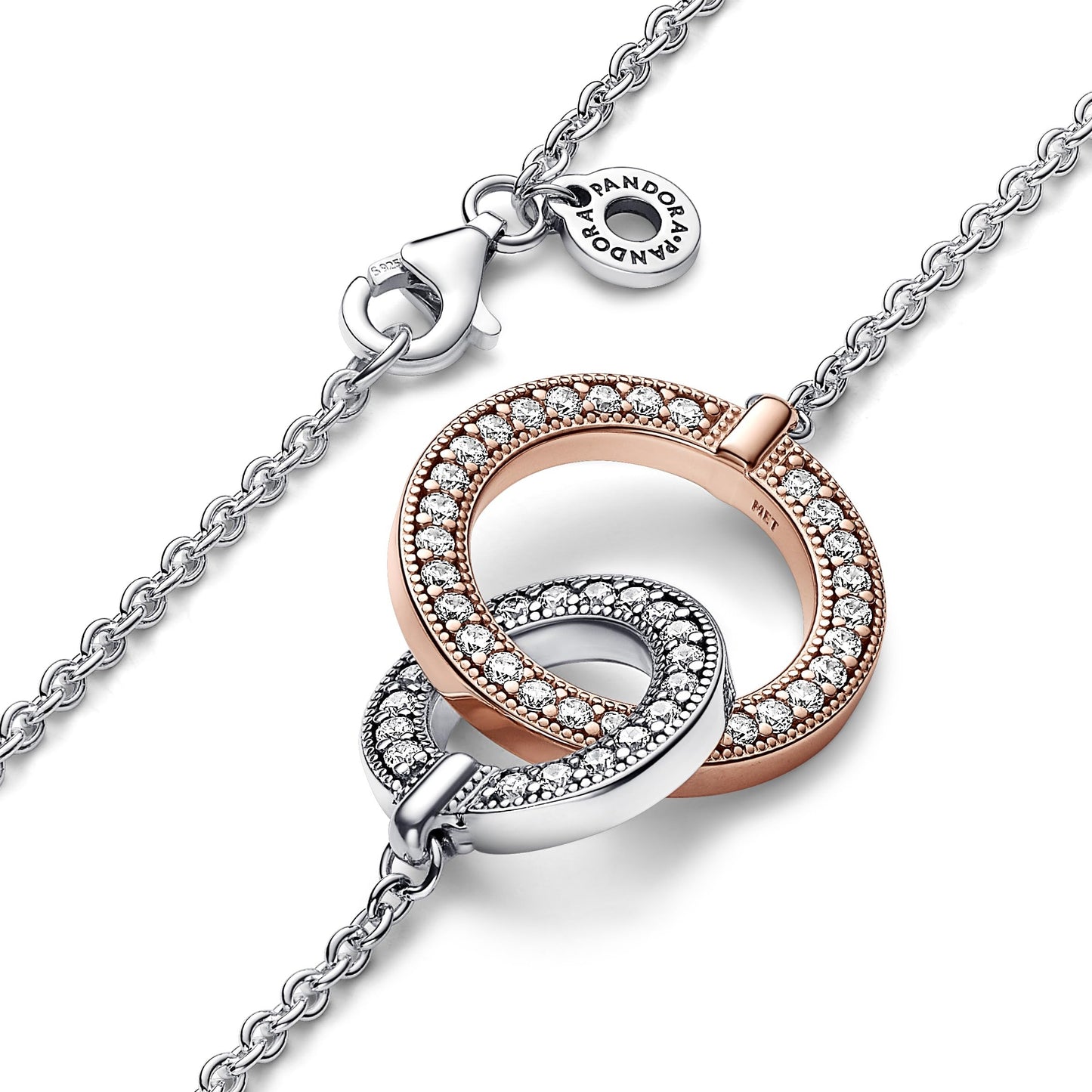 Pandora Signature Two-tone Intertwined Circles sterling silver and 14k rose gold-plated necklace with clear cubic zirconia
