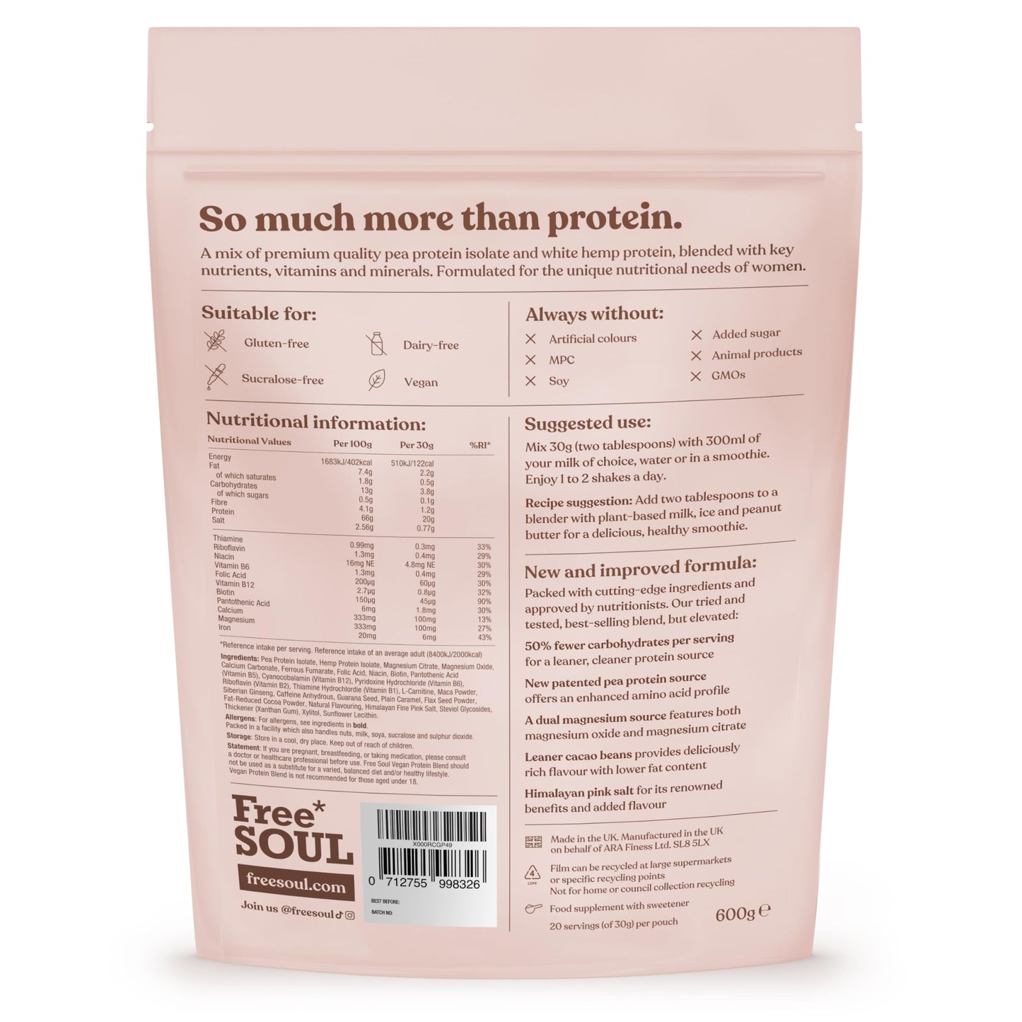 Free Soul Vegan Protein Powder | Formulated for Women | 600g | 20g Protein with Added Nutrients | Gluten & Soy Free Plant-Based Nutrition Shake | Pea & Hemp Isolate Protein | Chocolate Flavour