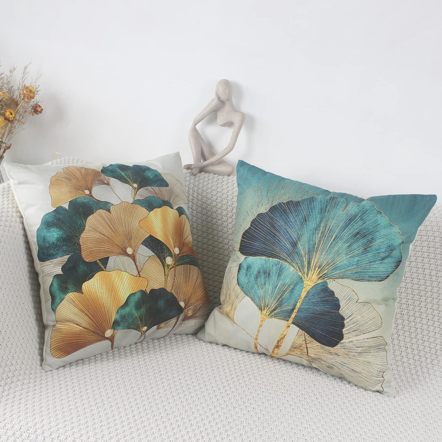 Sweetwill Set of 4 Decorative Cushion Covers 45 x 45 Linen Jungle Throw Pillow Cases Gold Teal Farmhouse Natural Cushion Covers 18x18 Sofa Cushions Modern Living Room Outdoor Garden
