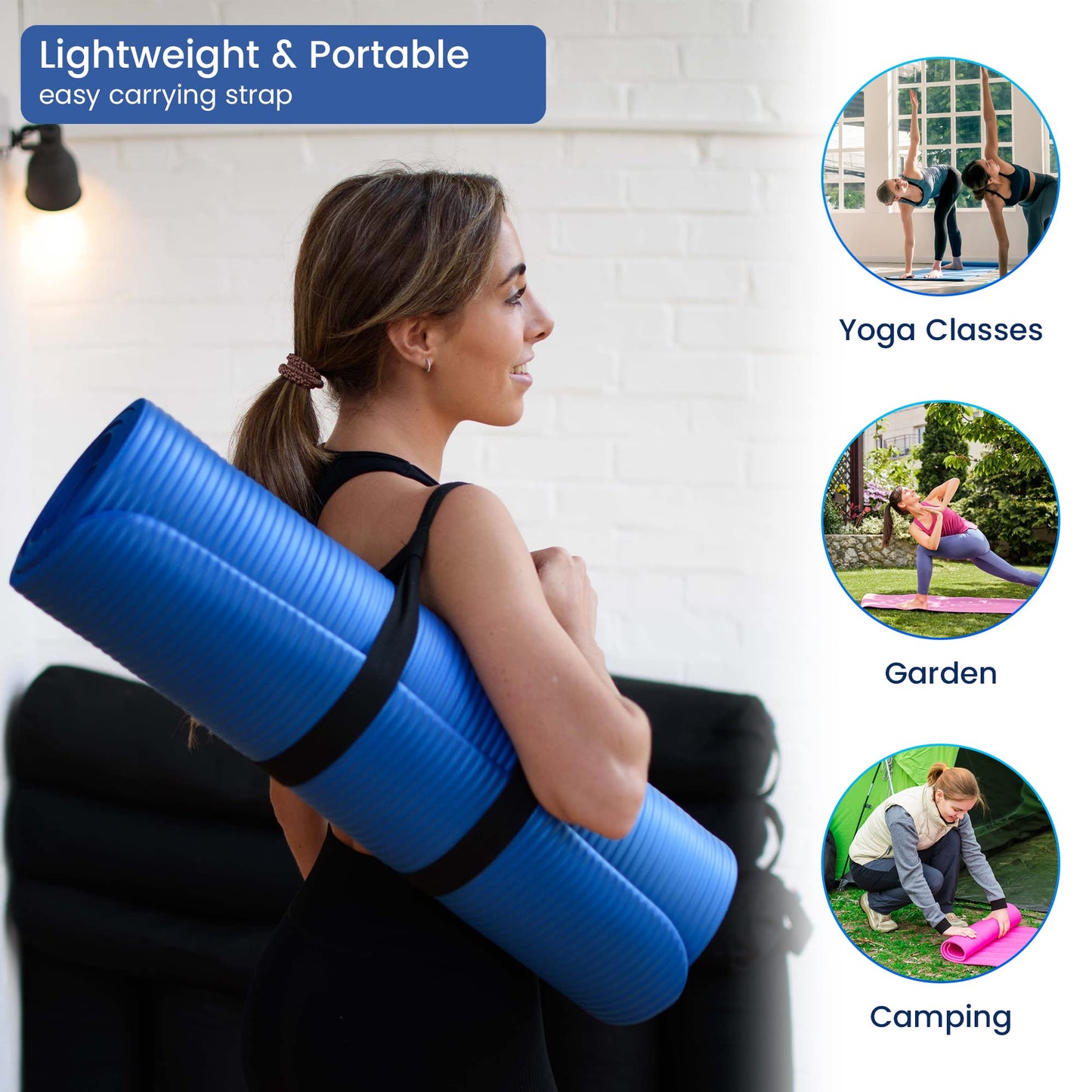 TJC Non-Slip NBR Exercise Mat - 10MM Thickness, Eco Friendly Workout Mat with Carrying Strap for Yoga, Pilates and Fitness, 188x61x1.0 CM (6.2ft Length & 2ft Width)
