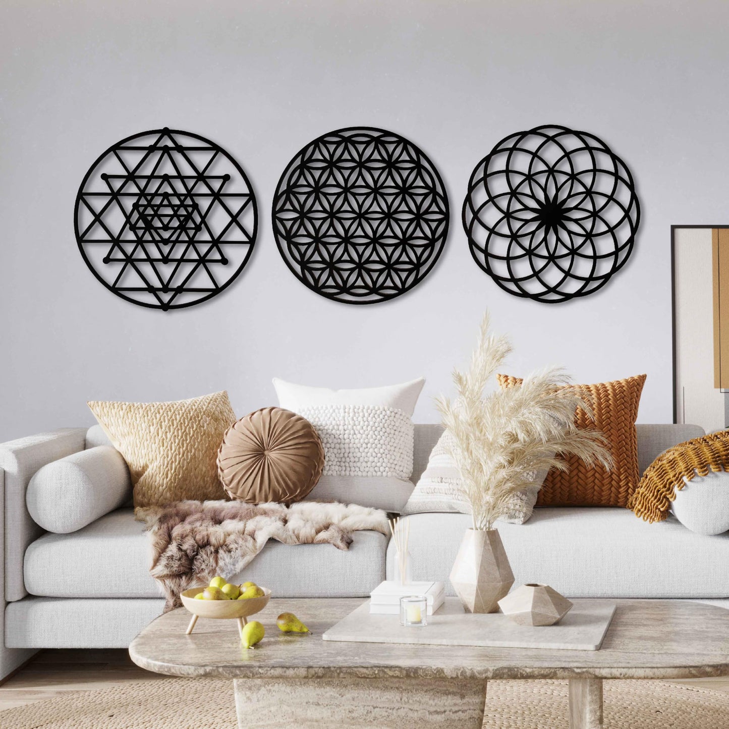 Sacred Geometry Wood Wall Art Decor, Mandala Wall Art, Geometric Wooden Wall Decoration, 3 Piece Sacred Geometry Wall Art