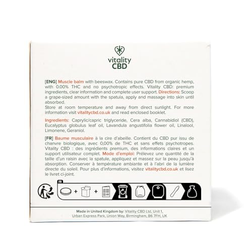 Vitality CBD Muscle Balm, High Strength 500mg of CBD, Natural, 100 ml - Improved Formula, NO THC