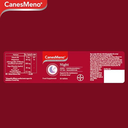 CanesMeno Menopause Support Night 30 Tablets, containing Hops, Ashwagandha, Vitamin B6 and Magnesium