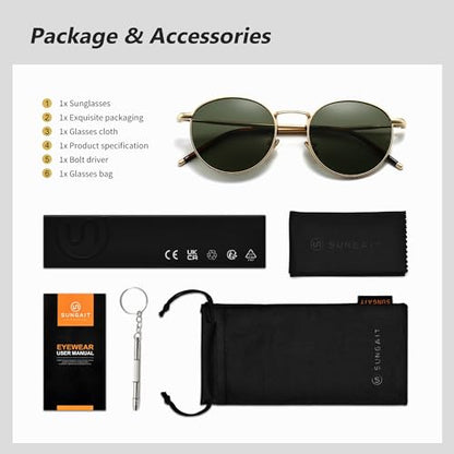 SUNGAIT Round Vintage Polarised Sunglasses Classic Retro Metal Frame Sunglasses Circular for Women Men(Gold Frame/Polarized Green Lens)-SGT059JKMOLVUUK