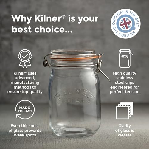 Kilner Clip Top Jar 1 Litre (1000 ml) Airtight Glass Storage Jar for Preserving Fruits Vegetables Coffee Tea Rice Flour Nuts Pasta