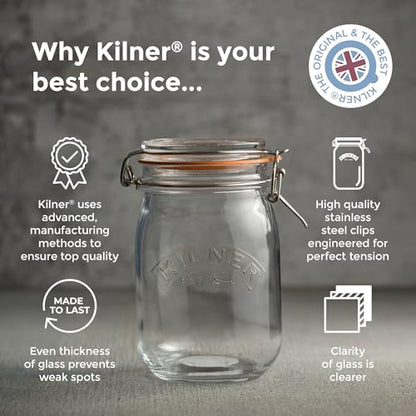 Kilner Clip Top Jar 1 Litre (1000 ml) Airtight Glass Storage Jar for Preserving Fruits Vegetables Coffee Tea Rice Flour Nuts Pasta